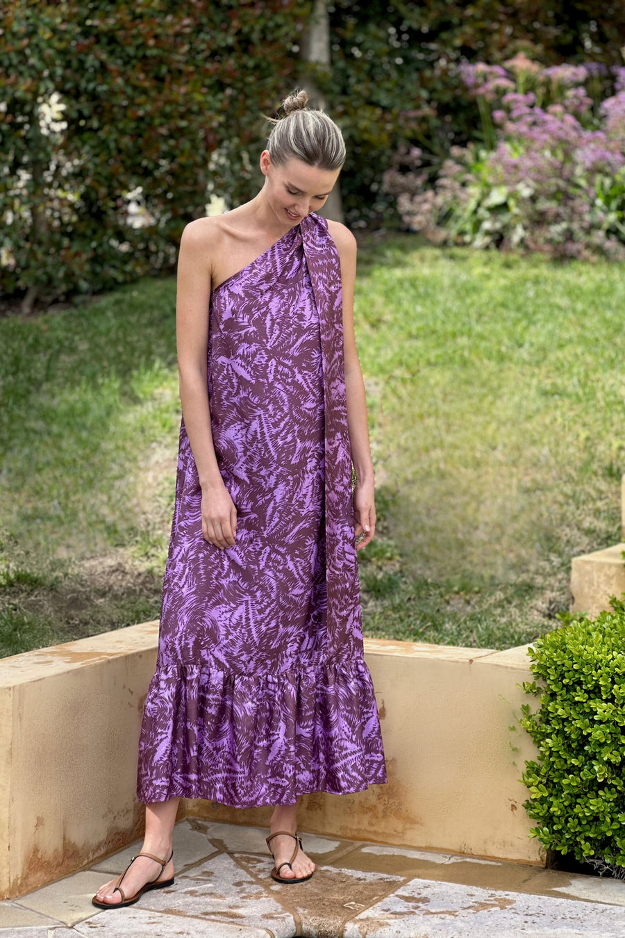 Brooke Dress : Purple & Brown Abstract Twill