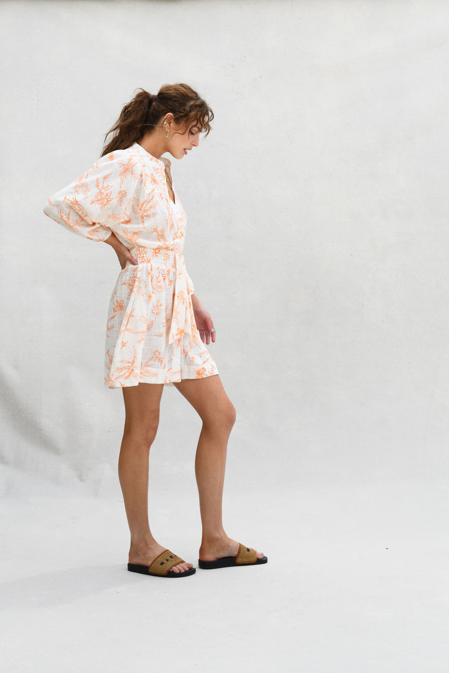 Pia Mini Dress : Orange Tropical Leaf