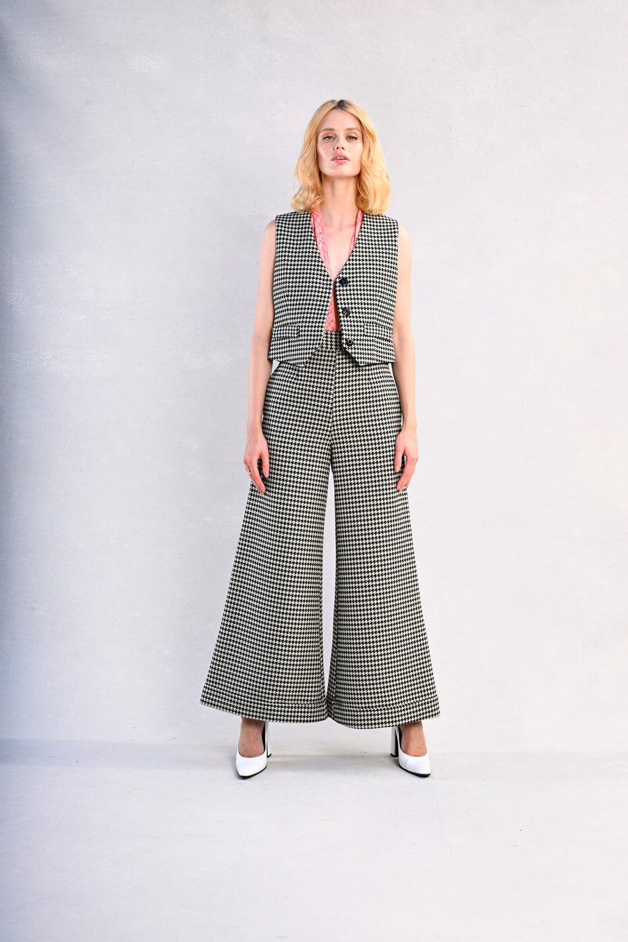 Jojo Palazzo Pants + Darcy Vest : Black & White Large Houndstooth