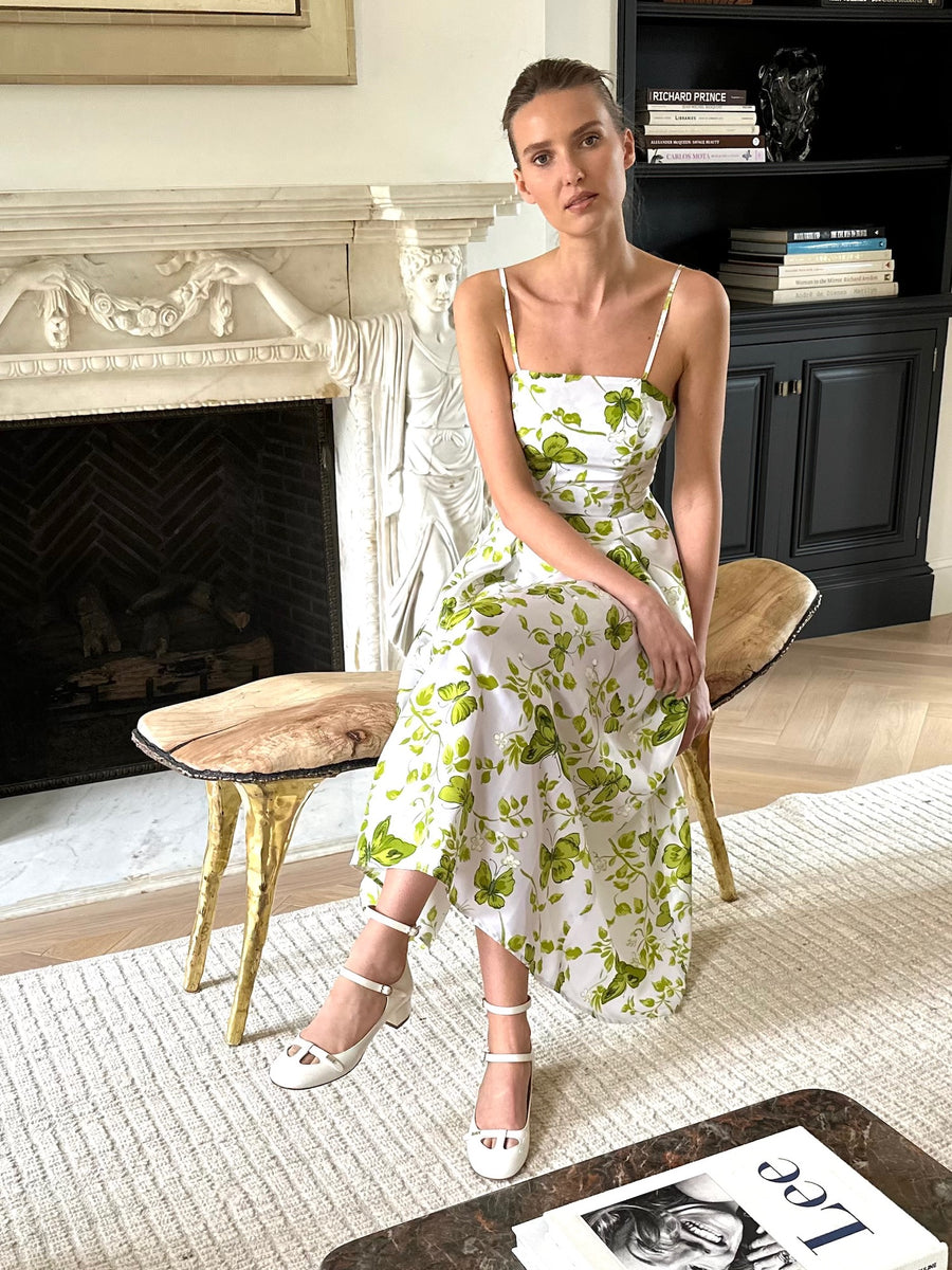 Kelly Dress : White + Green Butterflies