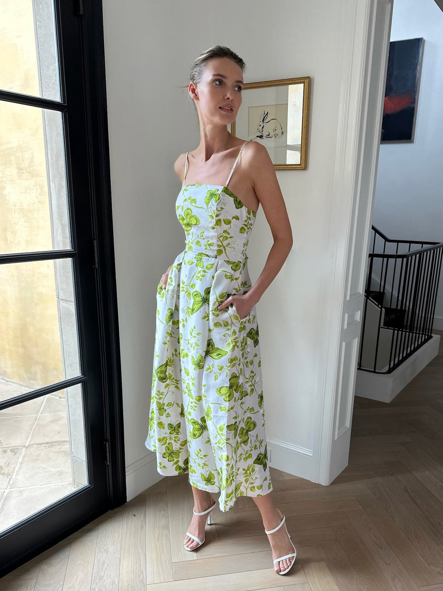 Kelly Dress : White + Green Butterflies