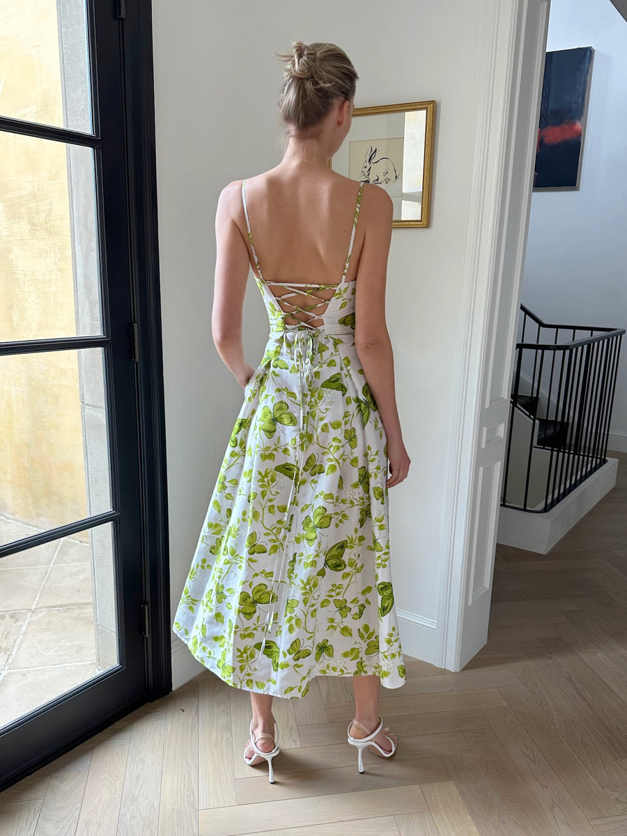 Kelly Dress : White + Green Butterflies