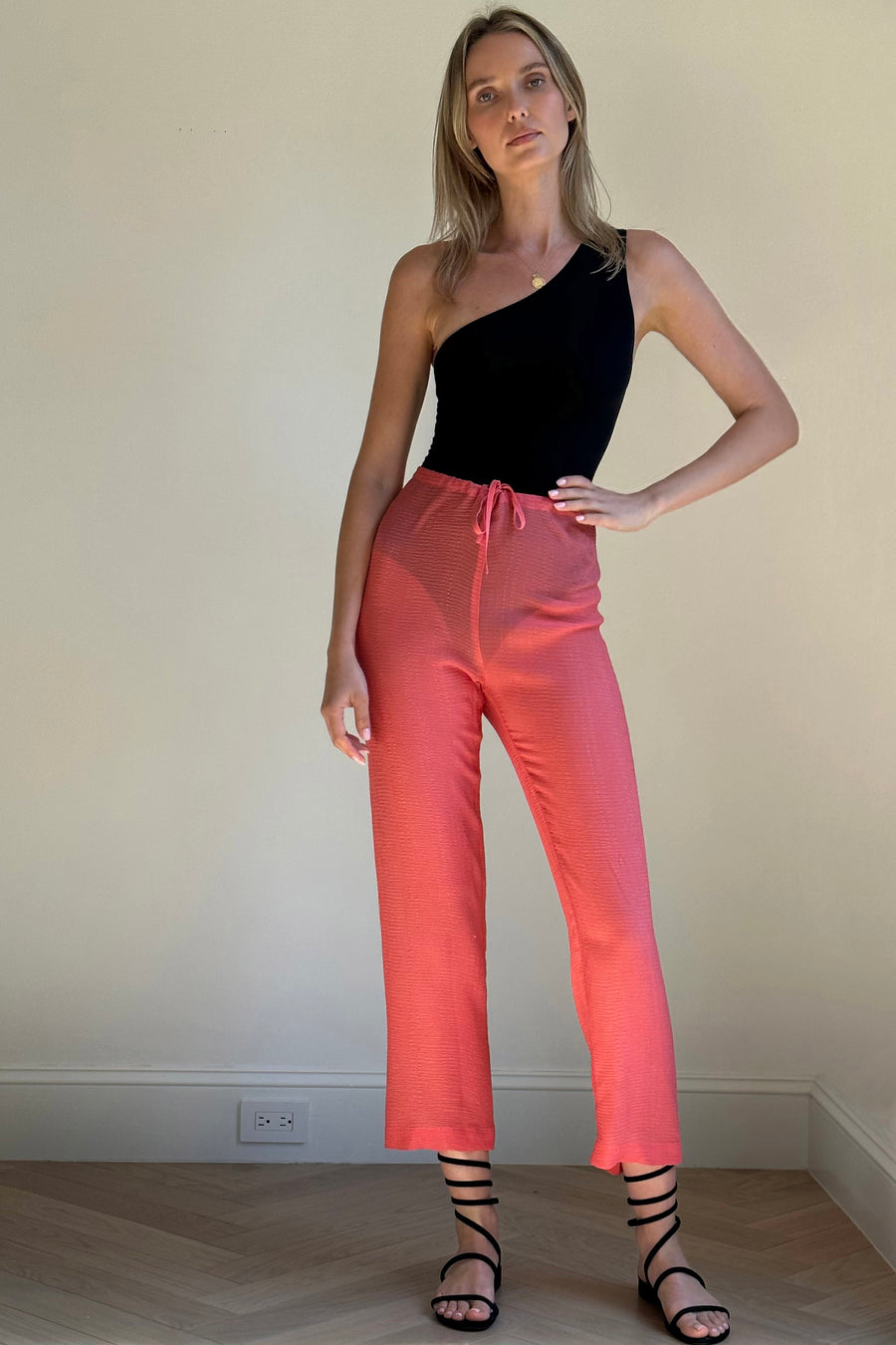 Capri Three Piece Pant Set : Coral Seersucker Silk