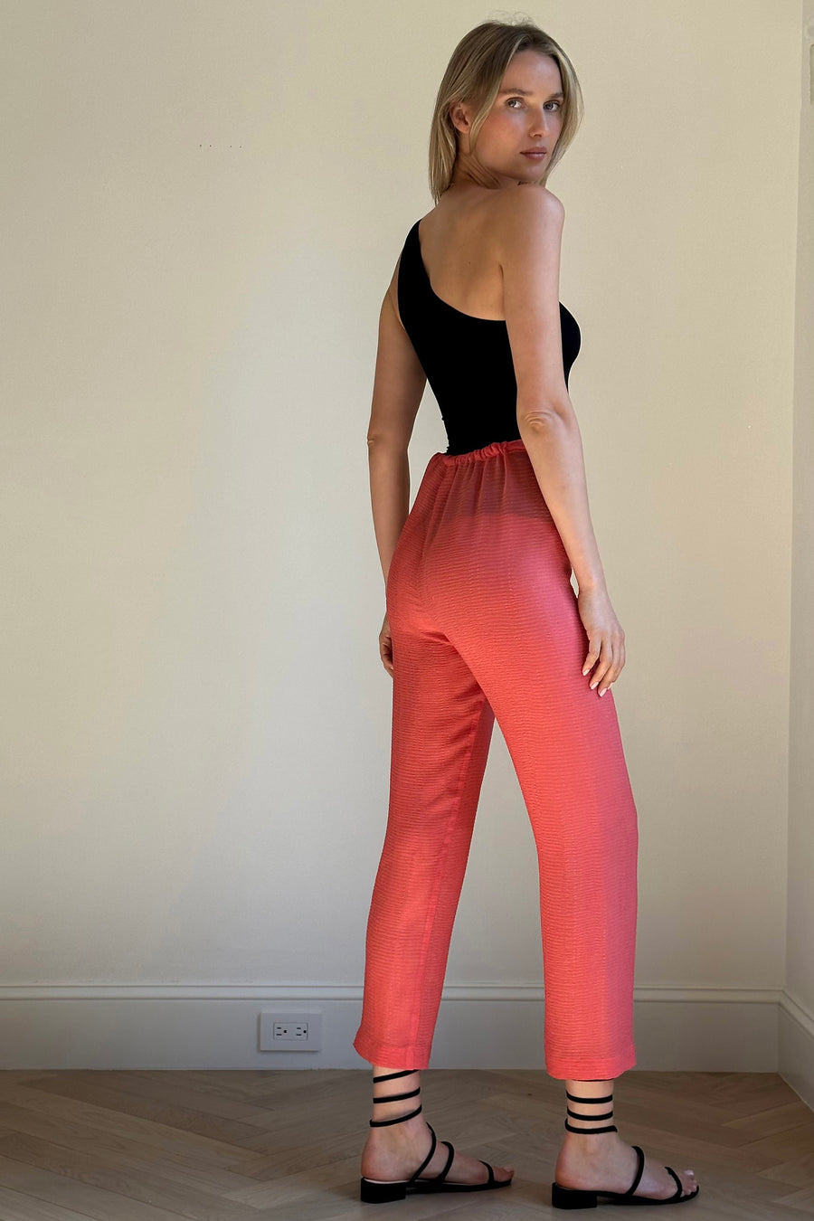 Capri Three Piece Pant Set : Coral Seersucker Silk