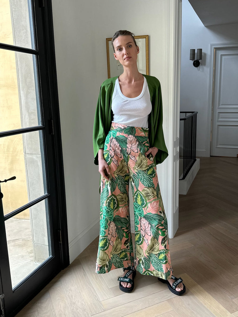 Jojo Palazzo Pants : Green + Pink Palm Seersucker (Non-Elastic Waistband)