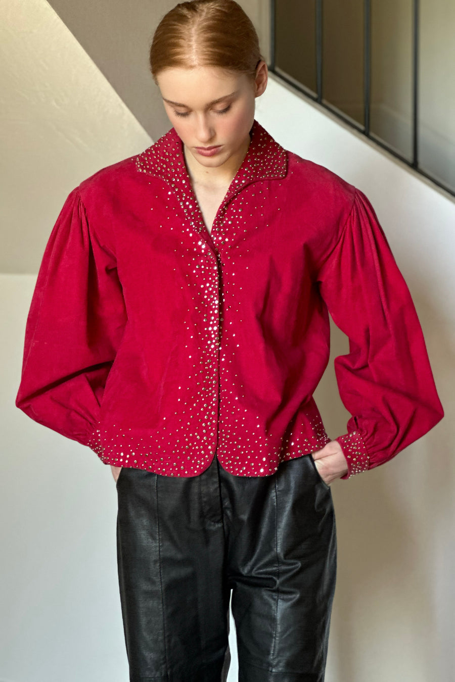JH Vintage : HALSTON Cranberry Ultrasuede Studded Jacket
