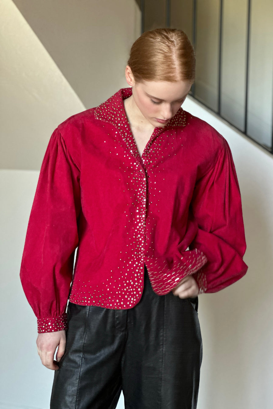 JH Vintage : HALSTON Cranberry Ultrasuede Studded Jacket