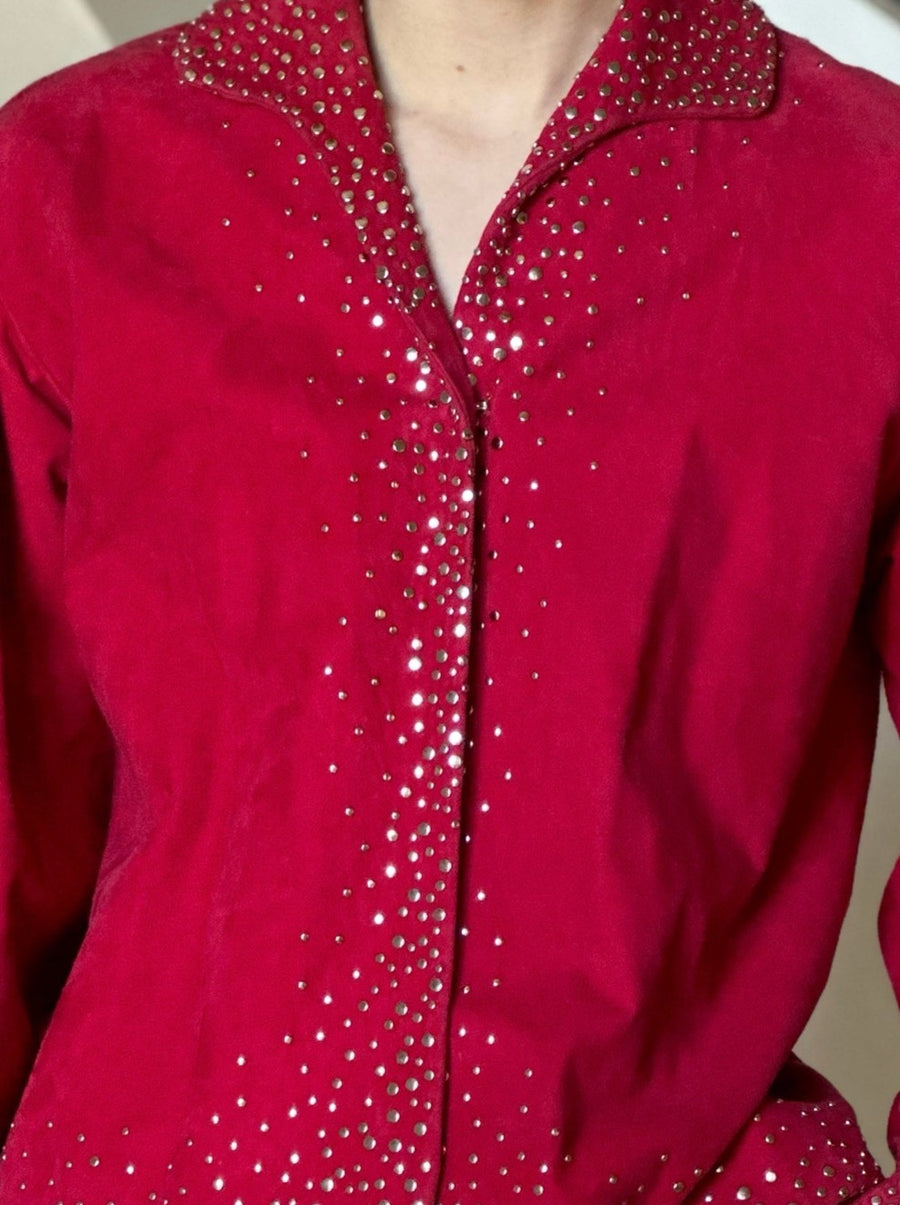 JH Vintage : HALSTON Cranberry Ultrasuede Studded Jacket