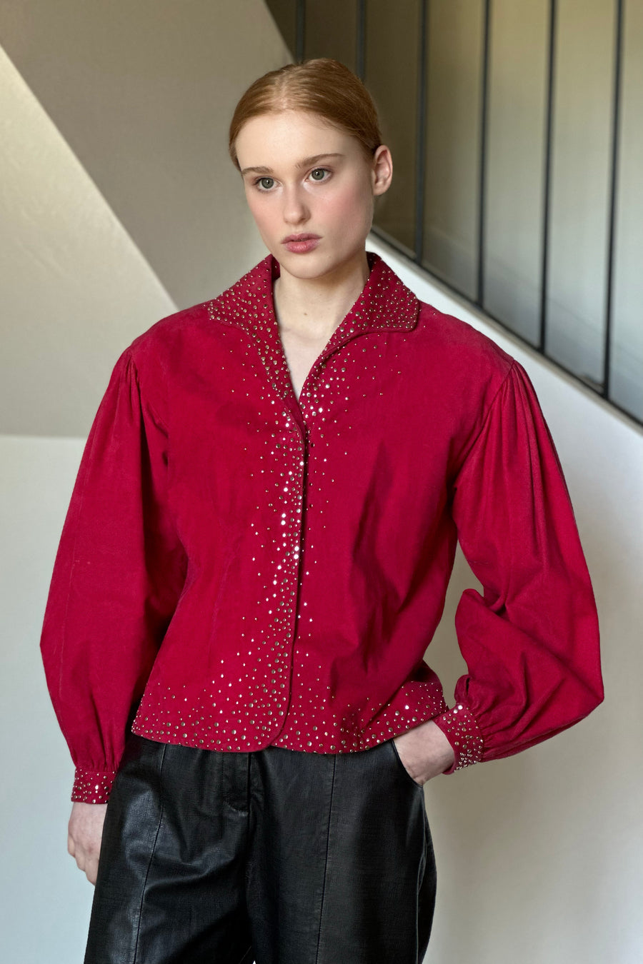 JH Vintage : HALSTON Cranberry Ultrasuede Studded Jacket