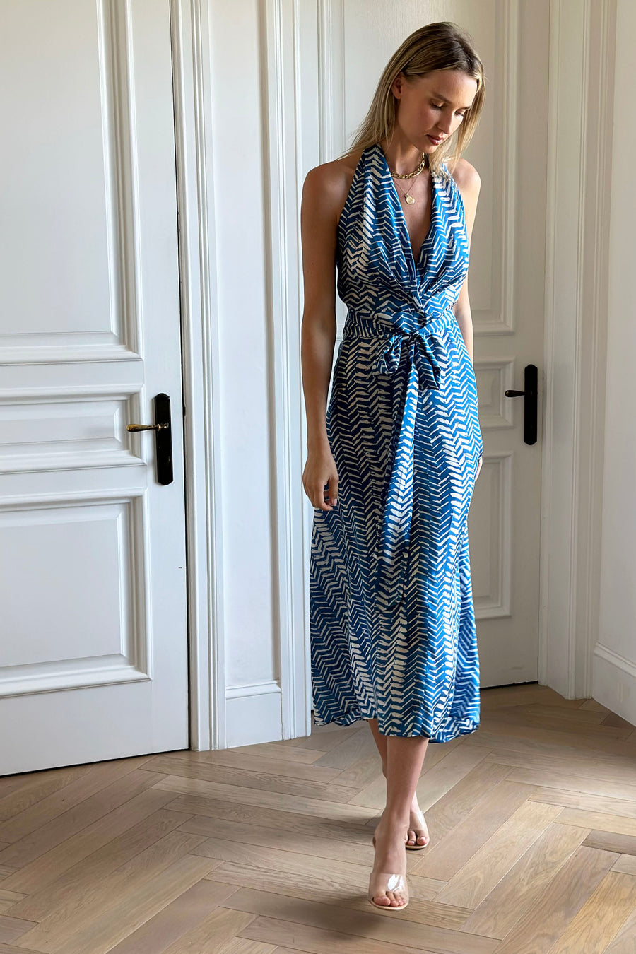 blue chevron dress Chasing Paradise Blue Chevron One Shoulder Maxi Dress, Blue XL