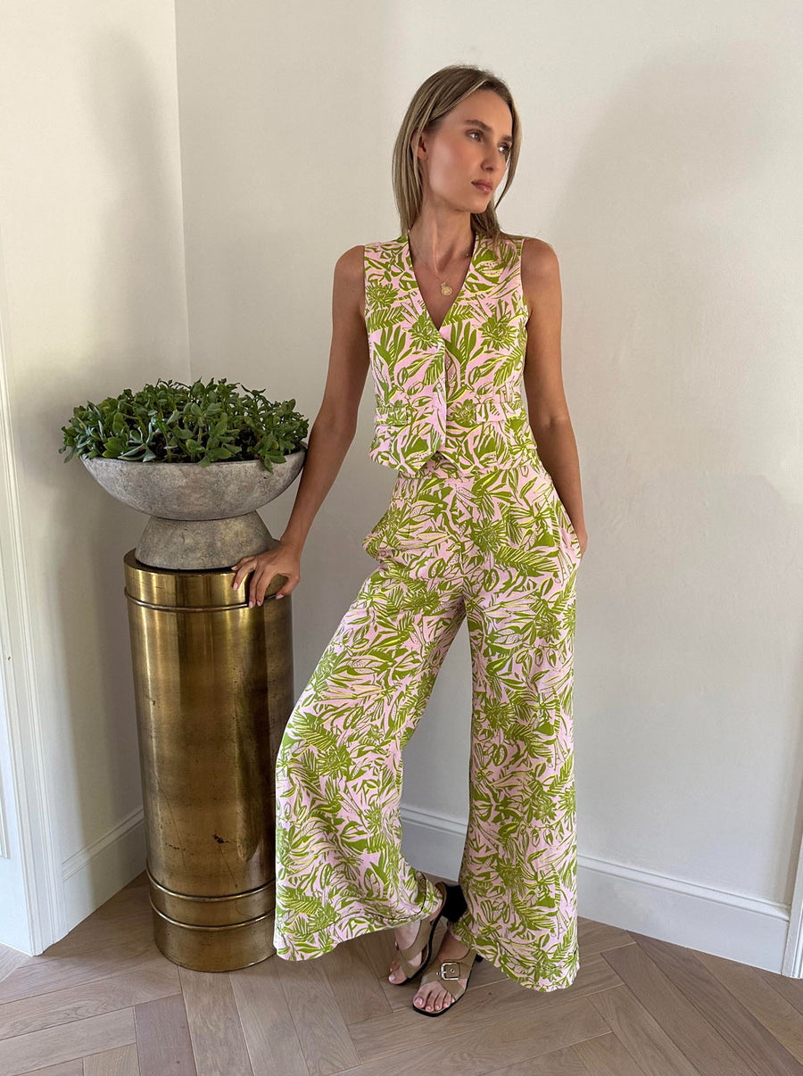 Jojo Palazzo Pants : Palm Beach Pink + Green Linen