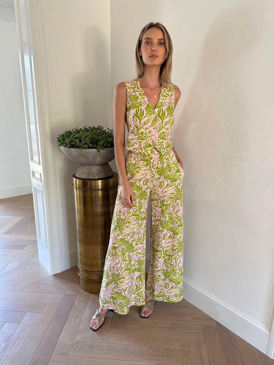 Jojo Palazzo Pants : Palm Beach Pink + Green Linen