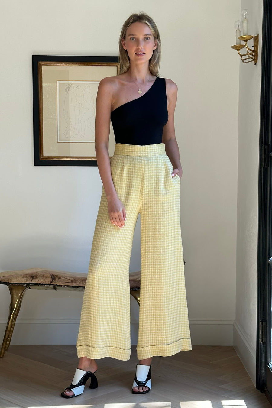 Jojo Palazzo Pants : White and Yellow Houndstooth