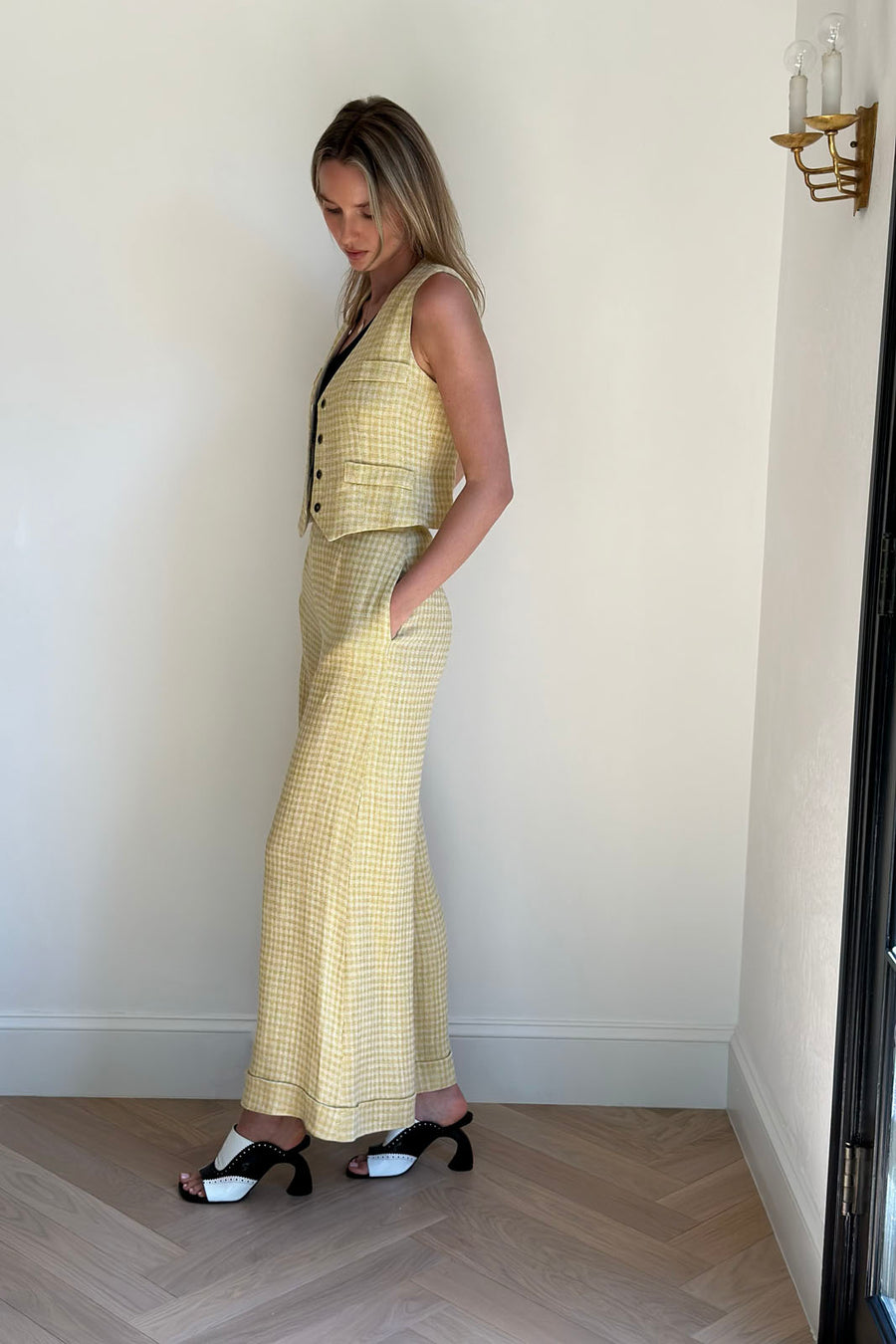 Jojo Palazzo Pants : White and Yellow Houndstooth