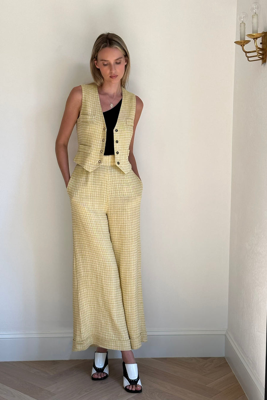 Jojo Palazzo Pants : White and Yellow Houndstooth