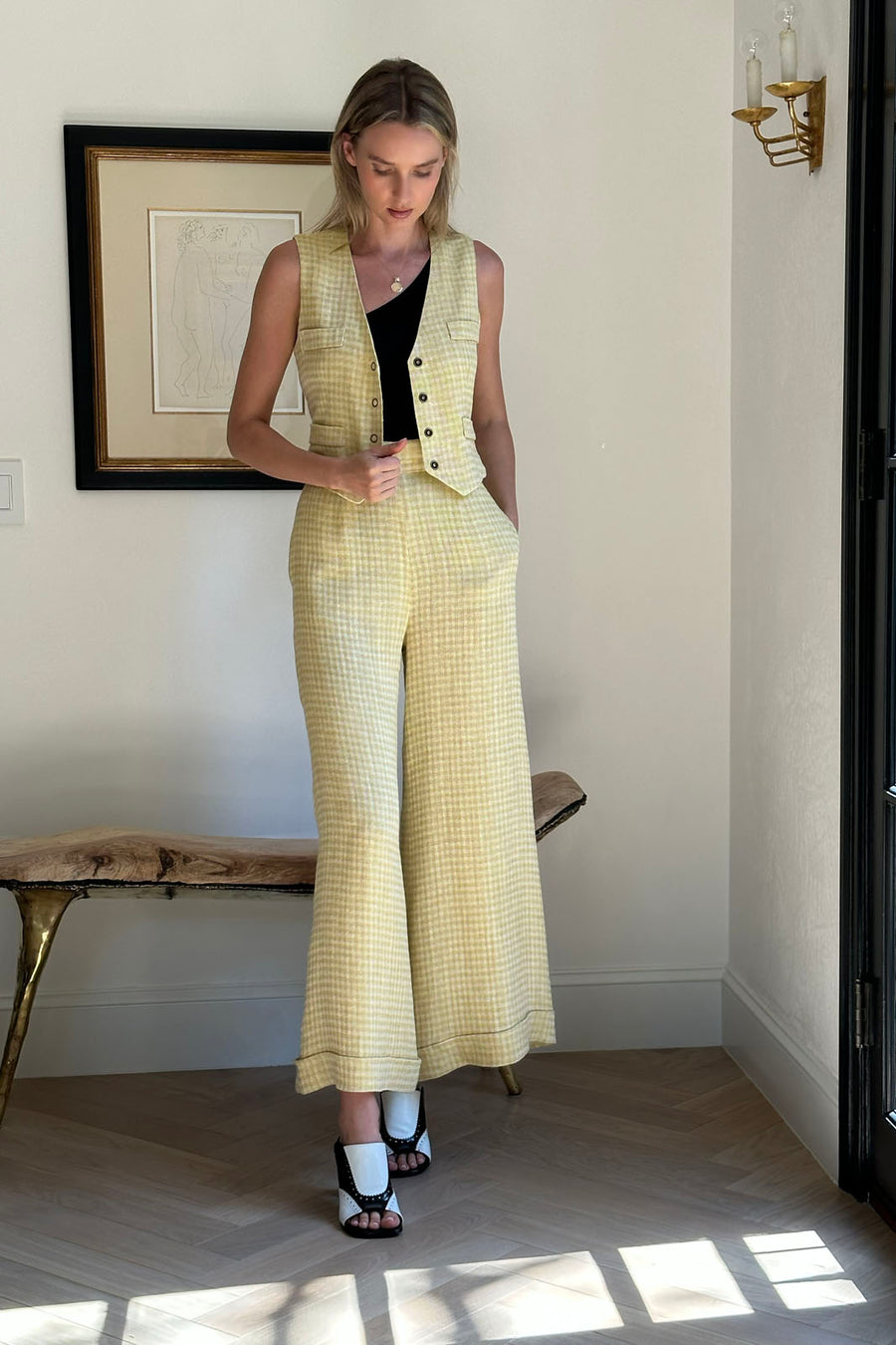 Jojo Palazzo Pants : White and Yellow Houndstooth