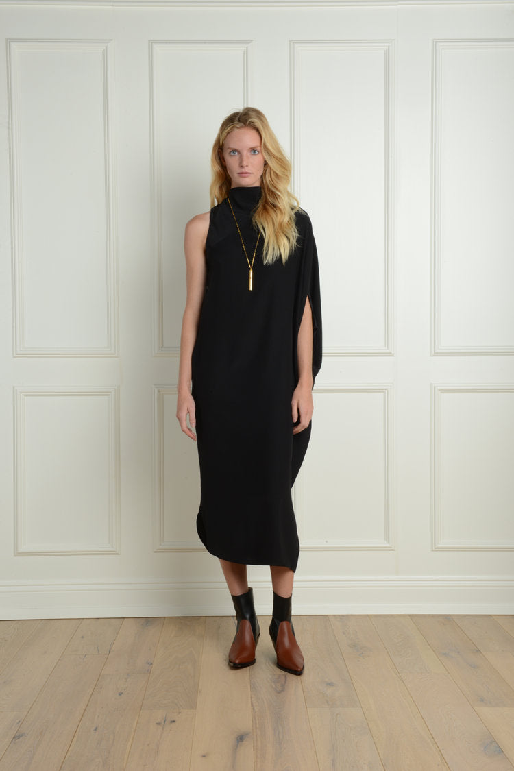 Mockneck Sleeveless Dress : Black Crinkle