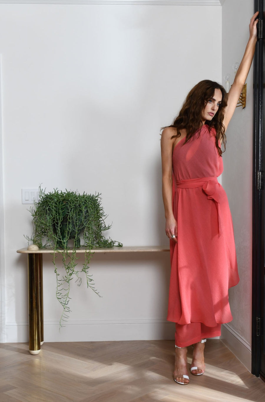 Capri Three Piece Pant Set : Coral Seersucker Silk