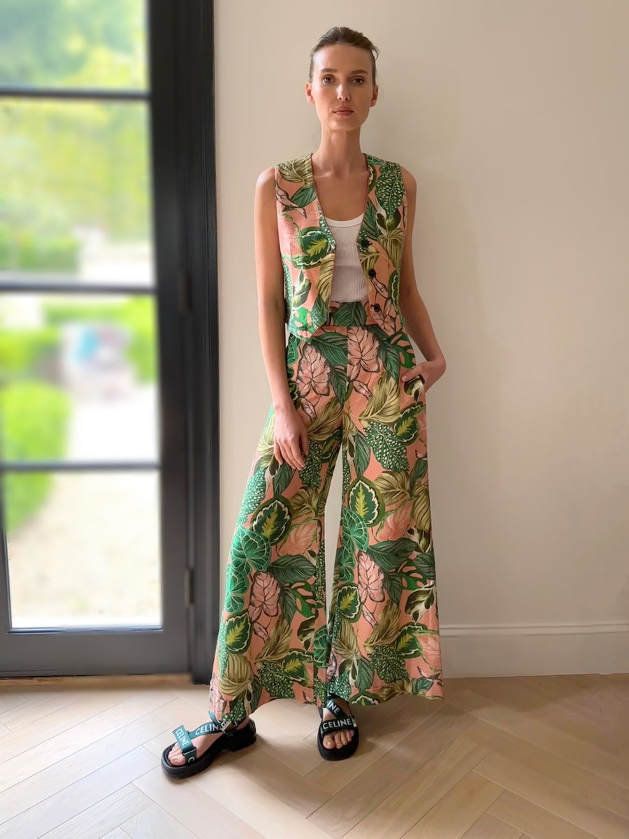 Jojo Palazzo Pants : Green + Pink Palm Seersucker