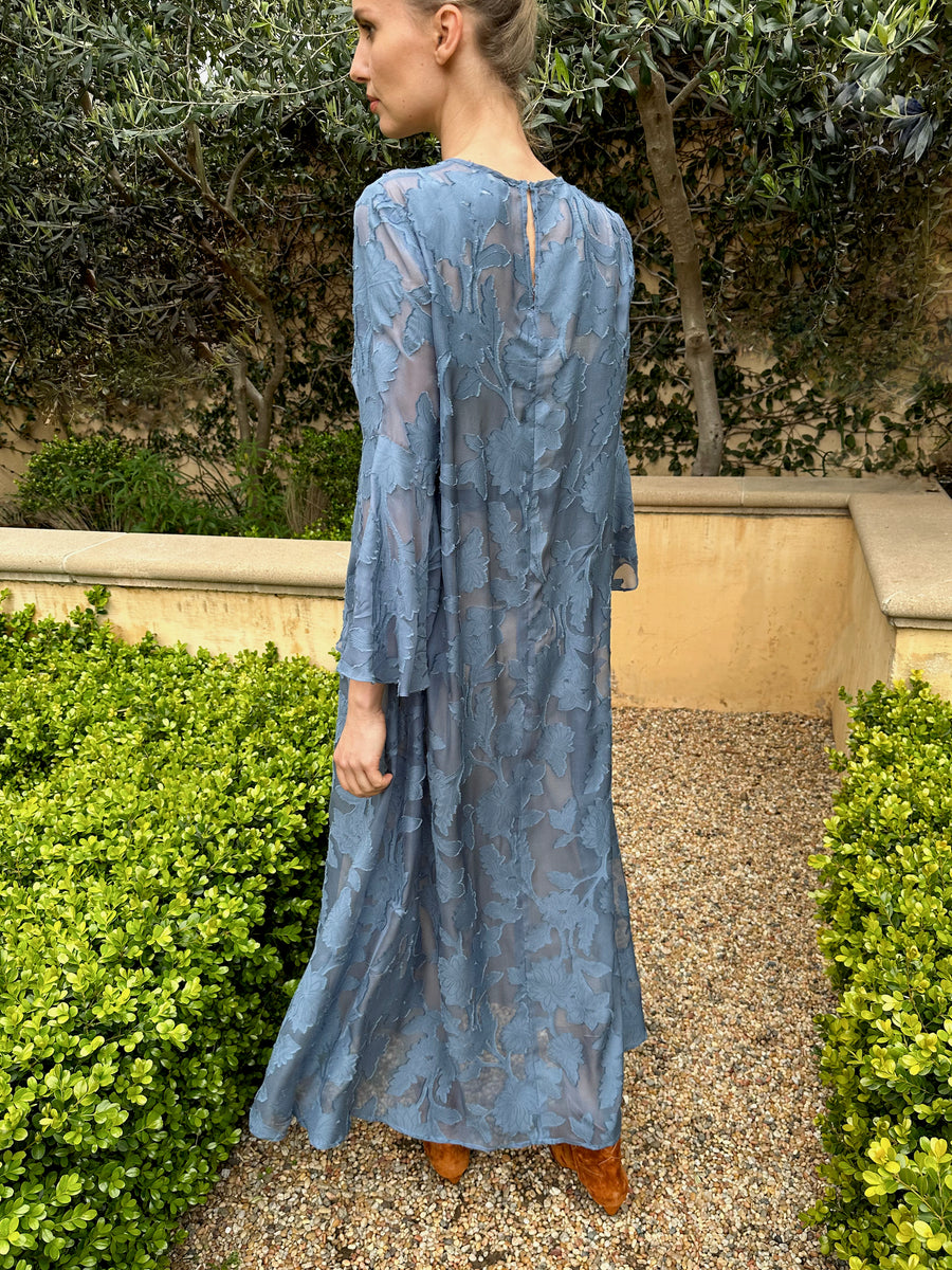 blue floral burnout dress Women's Blue Floral Burnout Chiffon High Neck Maxi Dress