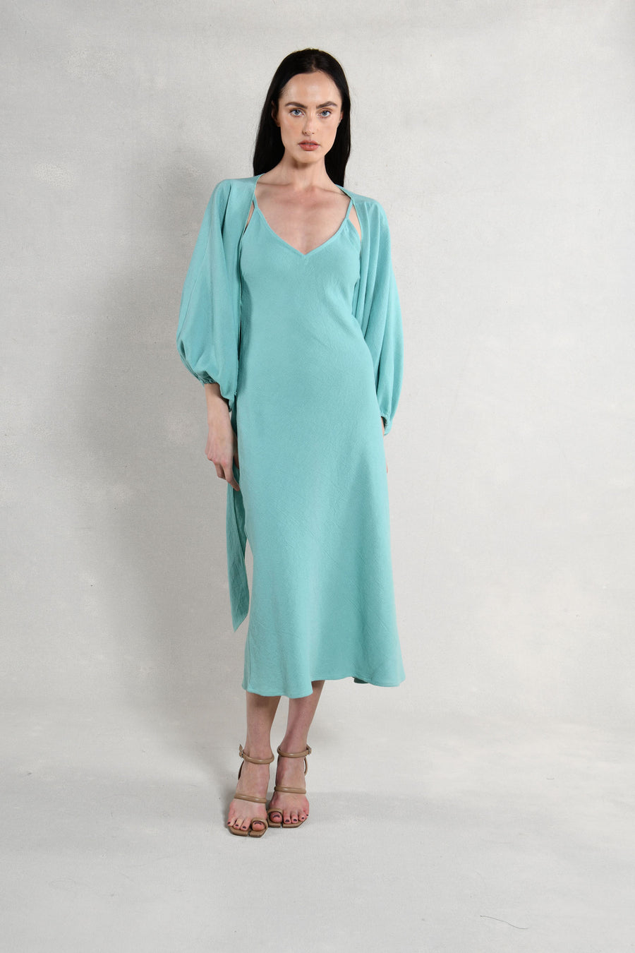 Candace Wrap Top Slip Dress Aqua Burlap – Julie Harrah