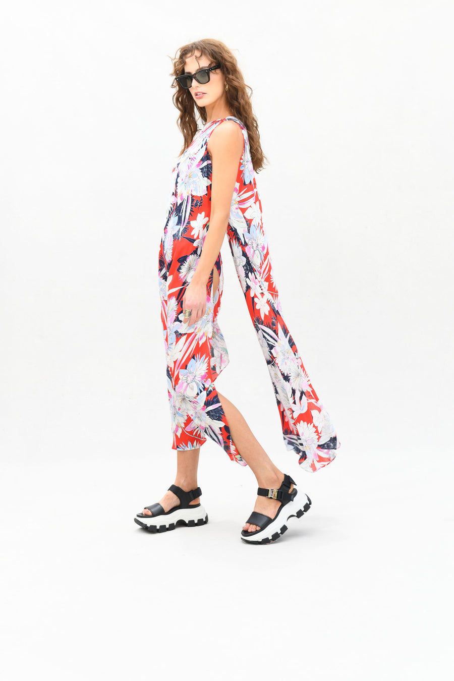 Capri Poncho and Bias Cut Slip Dress : Red w/ White Tropical Floral