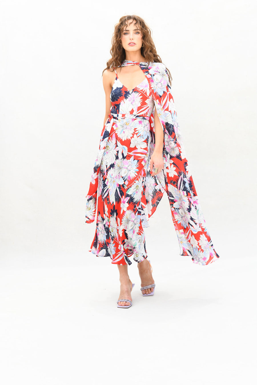 Capri Poncho and Bias Cut Slip Dress : Red w/ White Tropical Floral