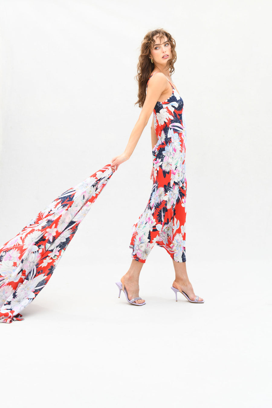 Capri Poncho and Bias Cut Slip Dress : Red w/ White Tropical Floral