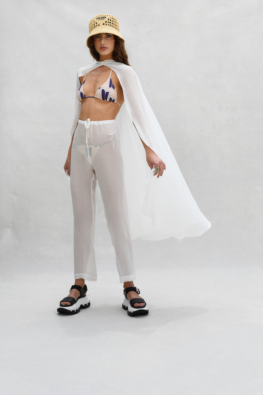 Capri Three Piece Pant Set : White Seersucker Silk