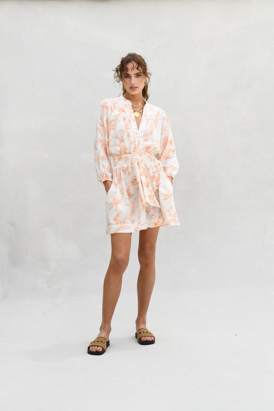 Pia Mini Dress : Orange Tropical Leaf