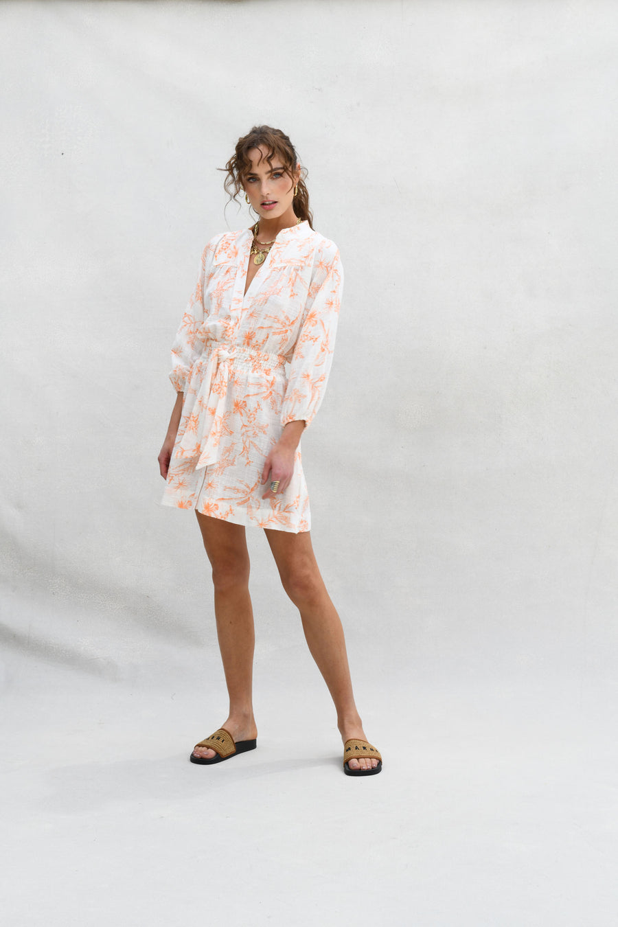 Pia Mini Dress : Orange Tropical Leaf