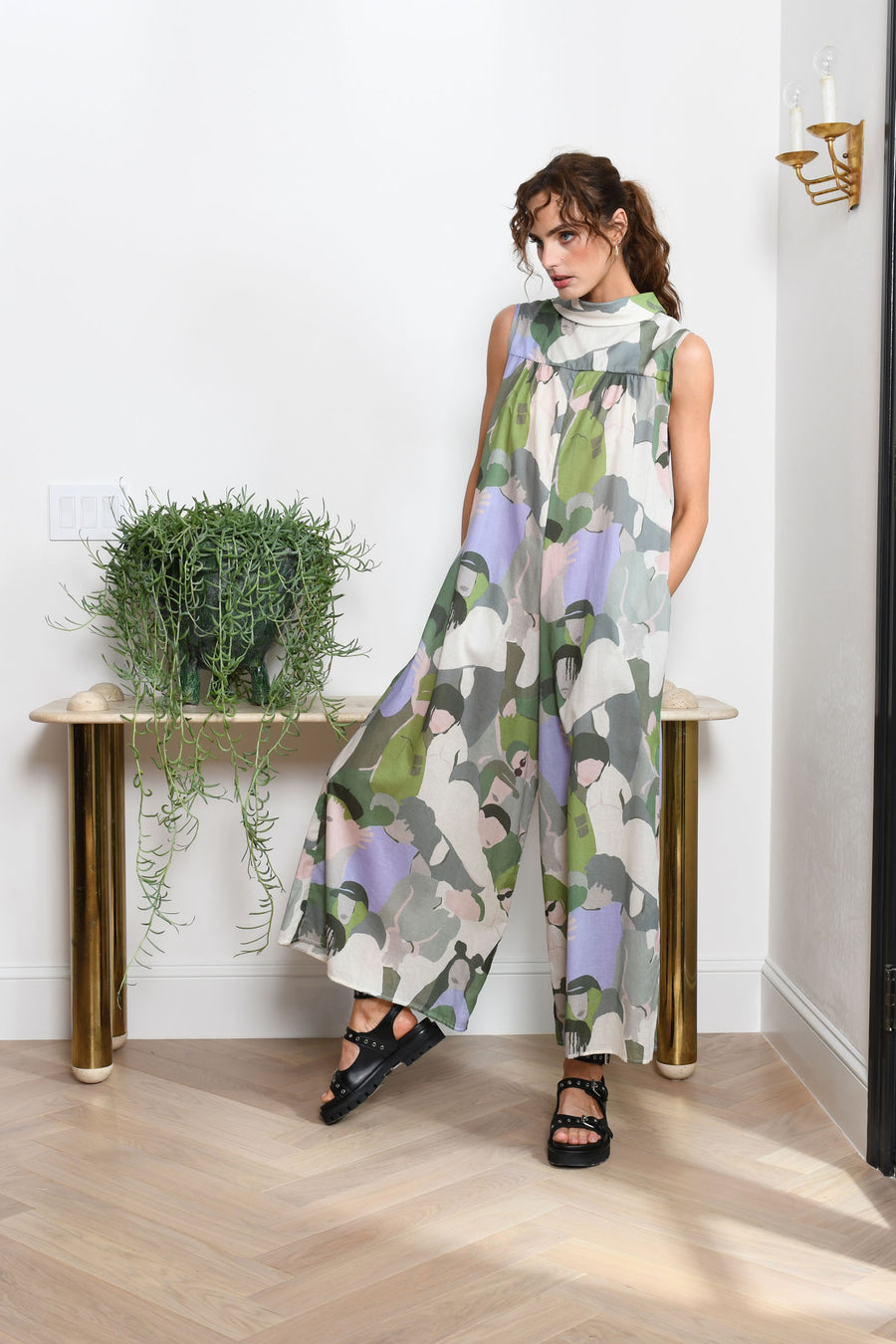 Malibu Jumpsuit : Green Lavender with Faces