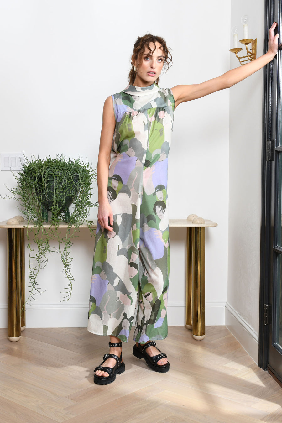 Malibu Jumpsuit : Green Lavender with Faces