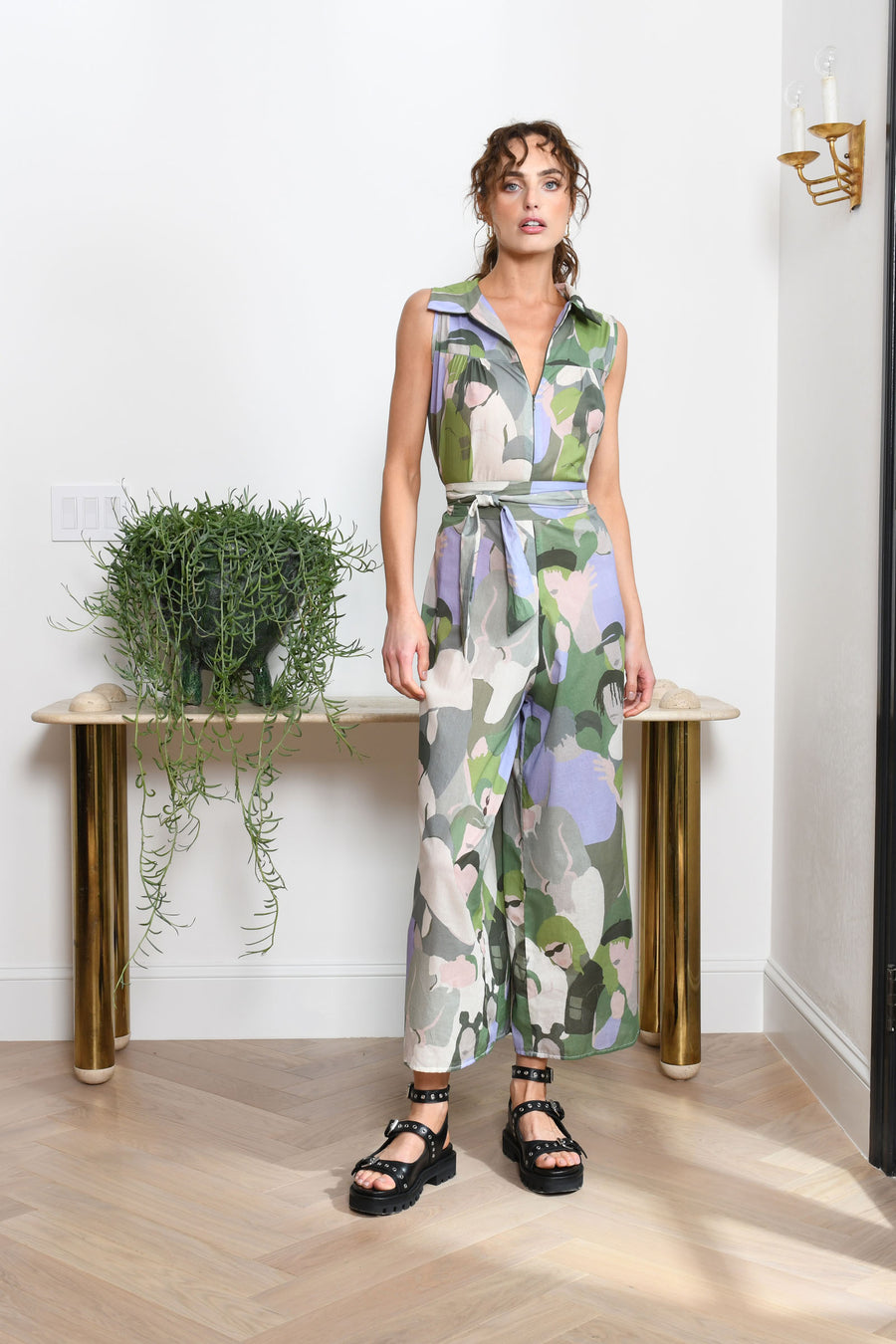 Malibu Jumpsuit : Green Lavender with Faces