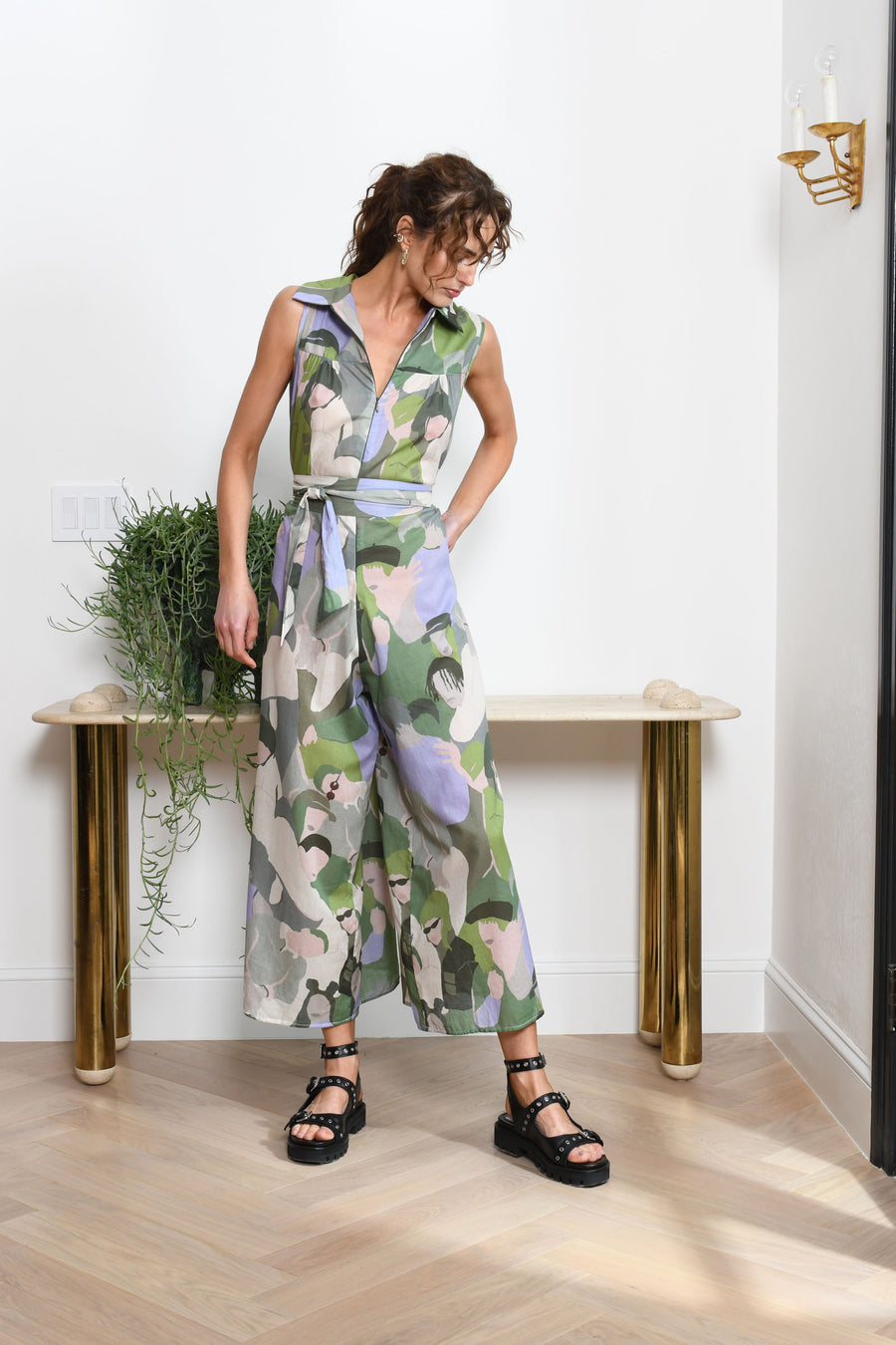Malibu Jumpsuit : Green Lavender with Faces