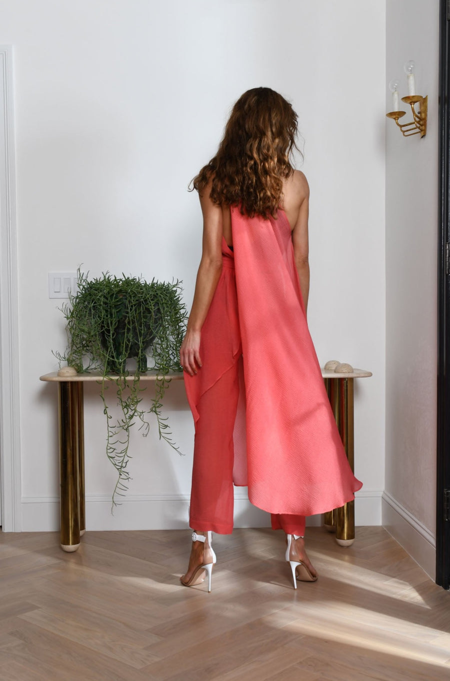 Capri Three Piece Pant Set : Coral Seersucker Silk