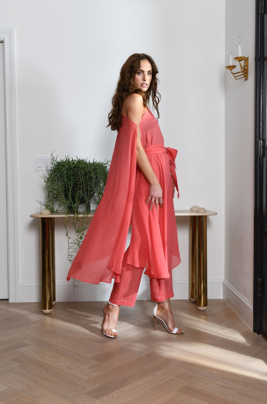 Capri Three Piece Pant Set : Coral Seersucker Silk