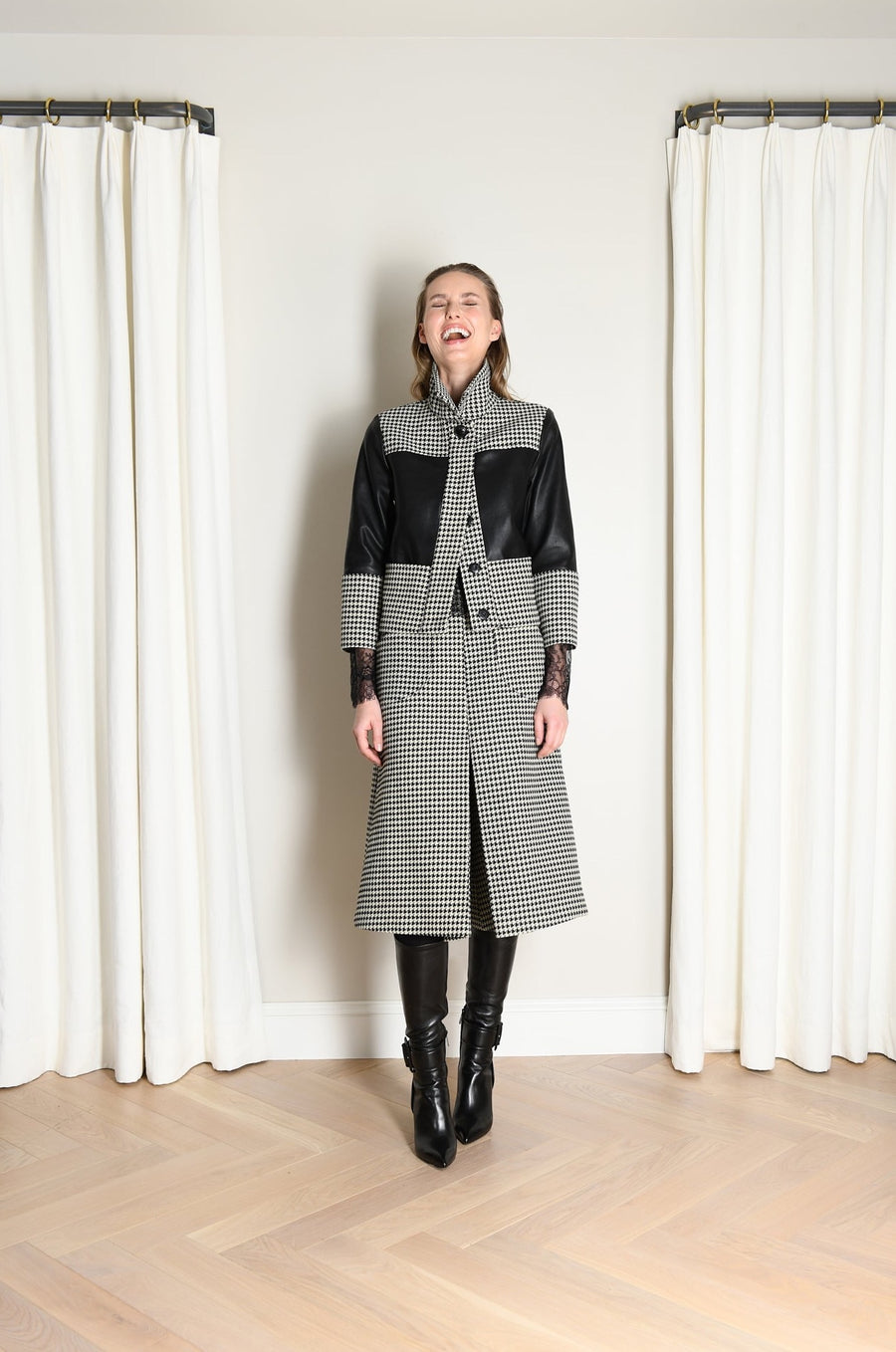 Emma Jacket : Black Leather & Large Houndstooth