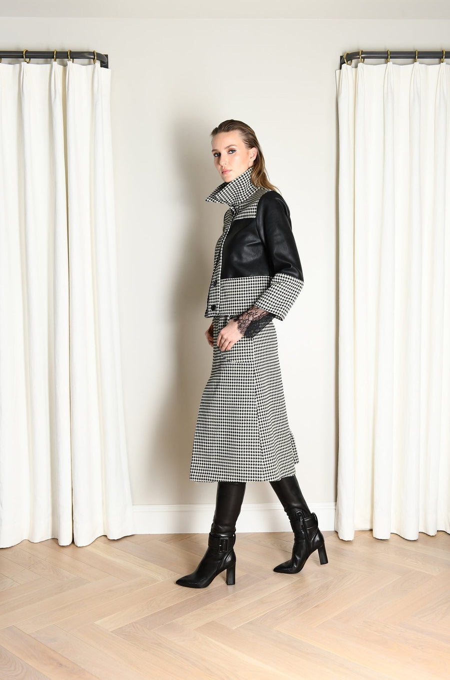 Emma Jacket : Black Leather & Large Houndstooth