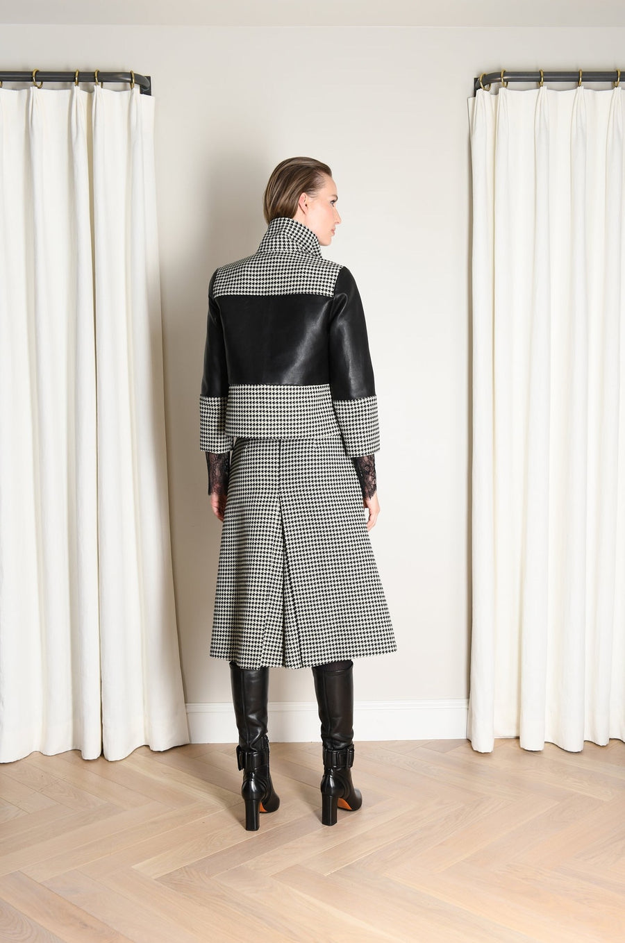 Emma Jacket : Black Leather & Large Houndstooth