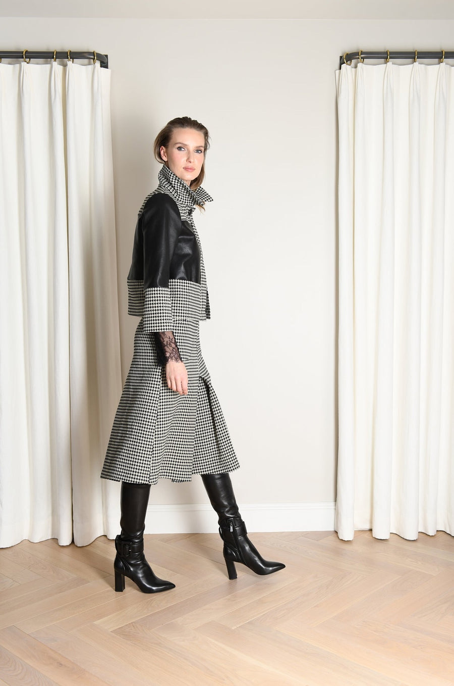 Emma Jacket : Black Leather & Large Houndstooth