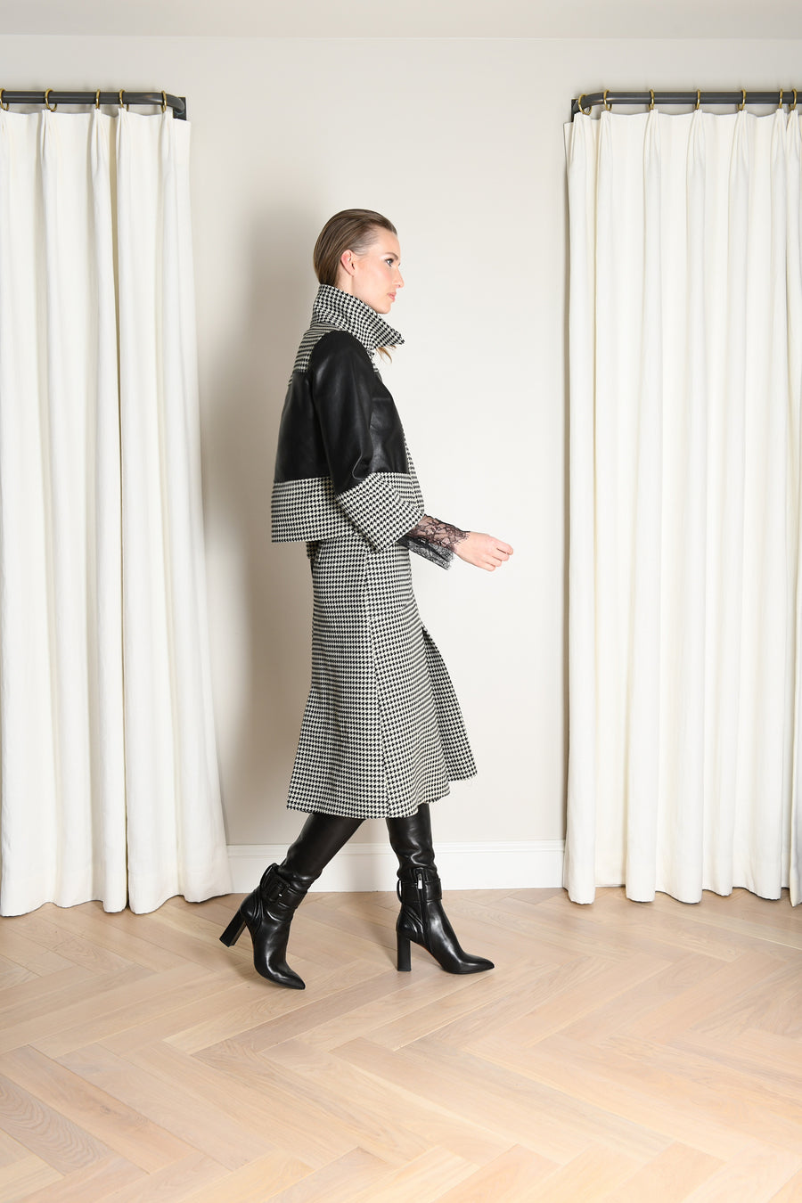 Emma Jacket : Black Leather & Large Houndstooth