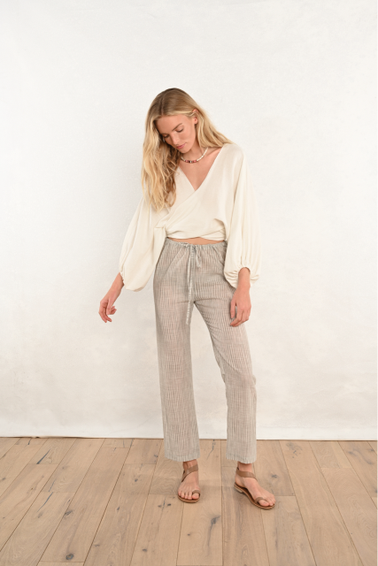 Drawstring Pants : Grey White Stripe