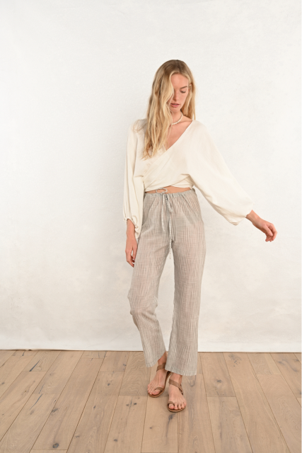 Drawstring Pants : Grey White Stripe