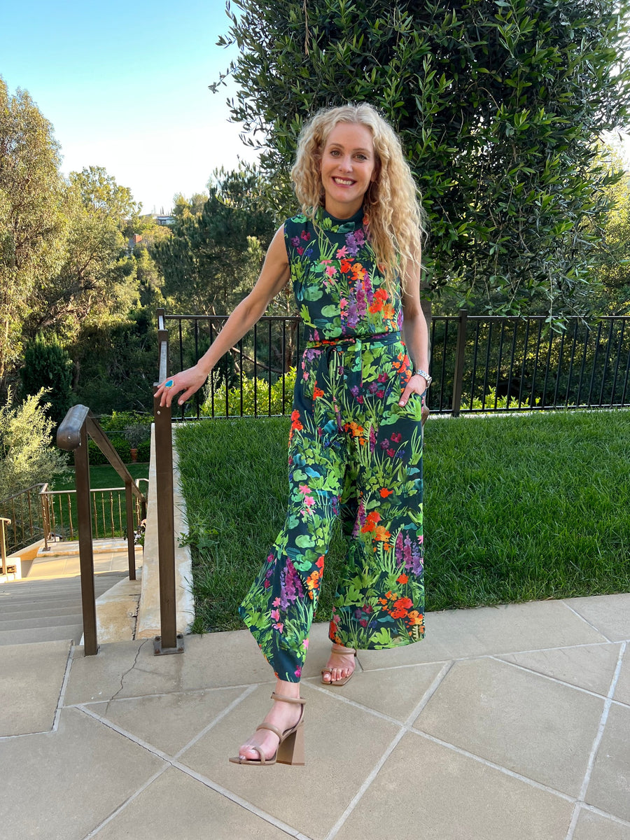 Malibu Jumpsuit : Teal Garden Print